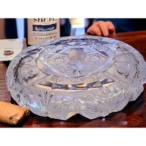 Bohemian, Czech Cut Crystal, Round Orb, Cigar Ashtray, Thick, Heavy Glass, 3.5"